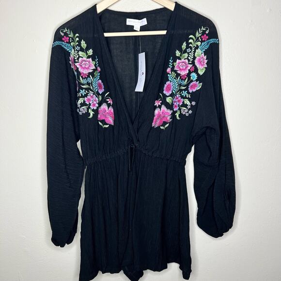 NWT Spiritual Gangster Zella Romper SMALL Black Floral Gauzy Embroidered Crinkle - Picture 2 of 11